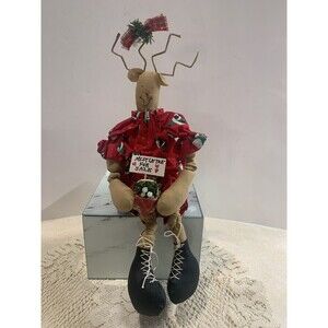 Vintage Handmade Reindeer Shelf Sitter Holding Mistletoe For Sale
